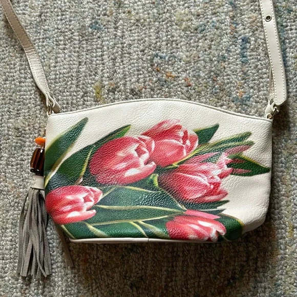 Vintage Sharif Pink/Green Hand Painted Tulip Crossbody Bag